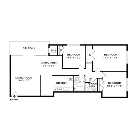 Floor plan for 3 beds, 1.5 baths, 1050 sqft
